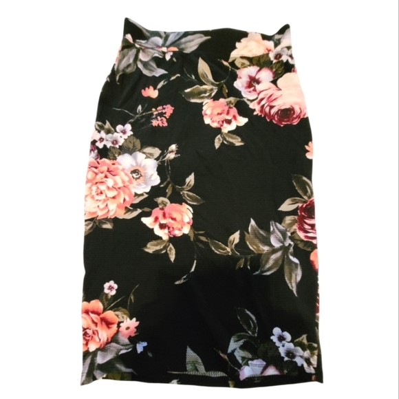 Iris Stretchy Floral Pink Rose Black Pencil Skirt Large - Picture 1 of 6